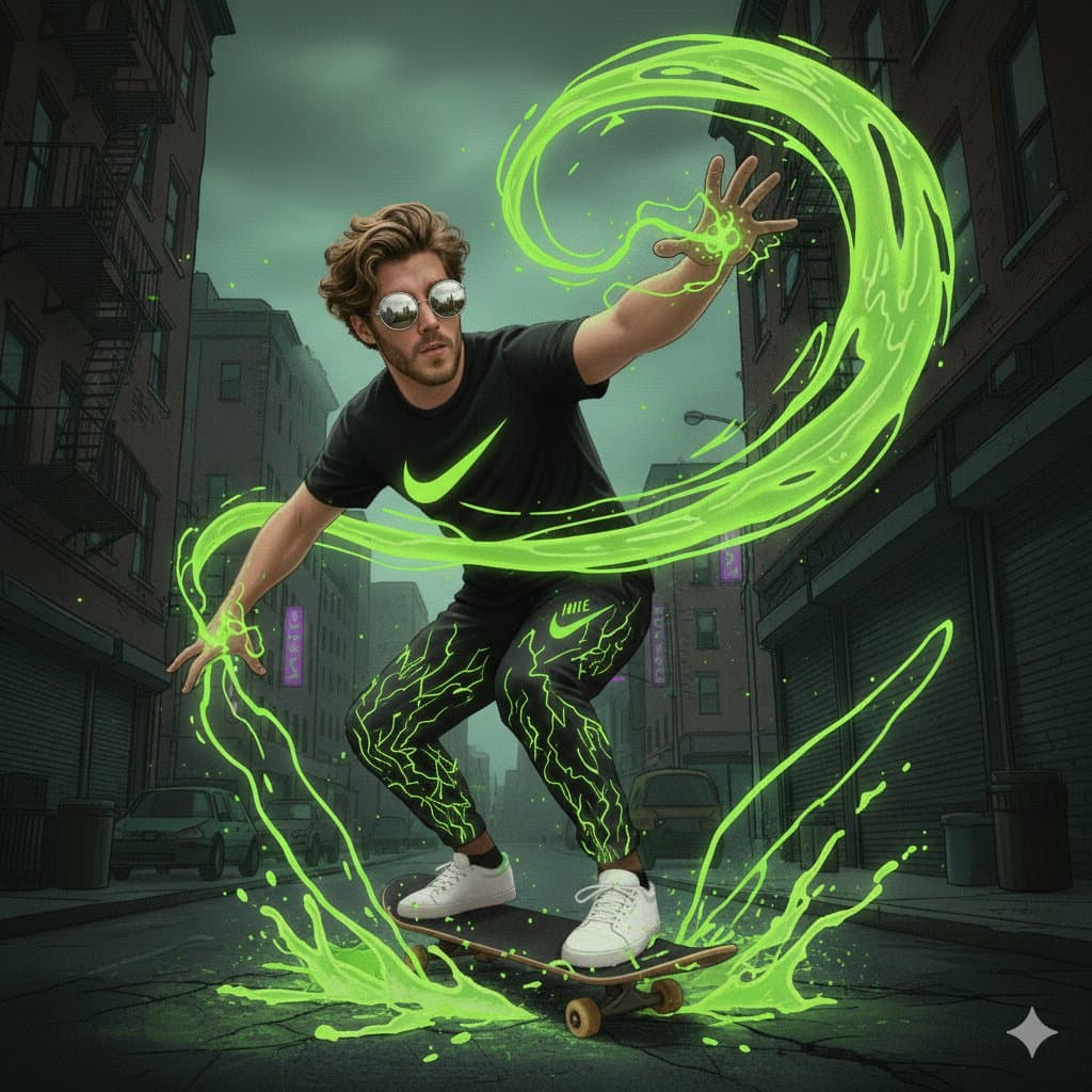A dynamic, low-angle action shot of a young man with wavy brown hair and round reflective sunglasses, performing a mid-air crouched trick on a skateboard