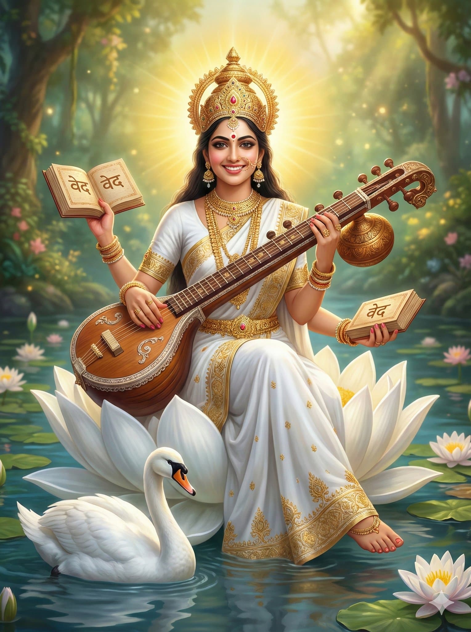 Generate fantasy image of A beautiful Indian smiling divine lady who wearing golden ornaments and crown