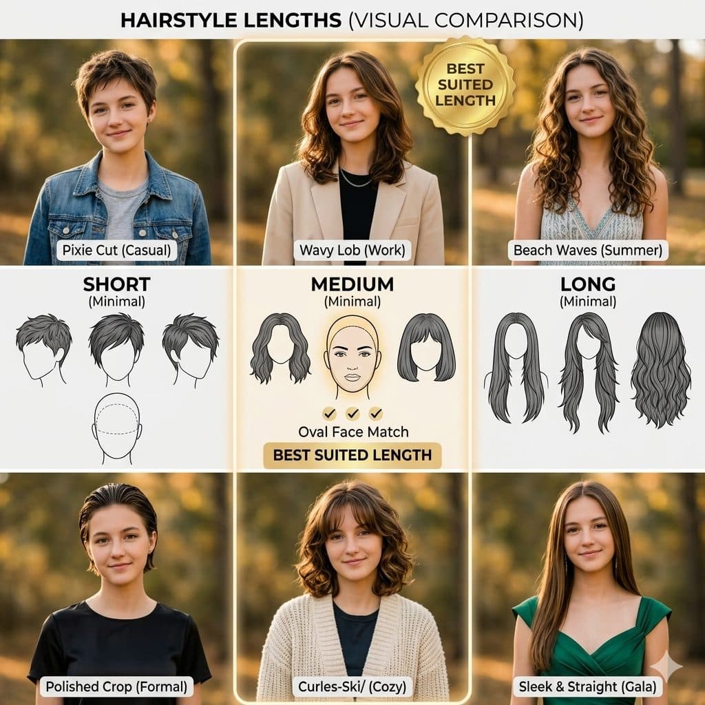 Hairstyle Length Comparison Prompt – Short vs Medium vs Long Hair Analysis created with Gemini
