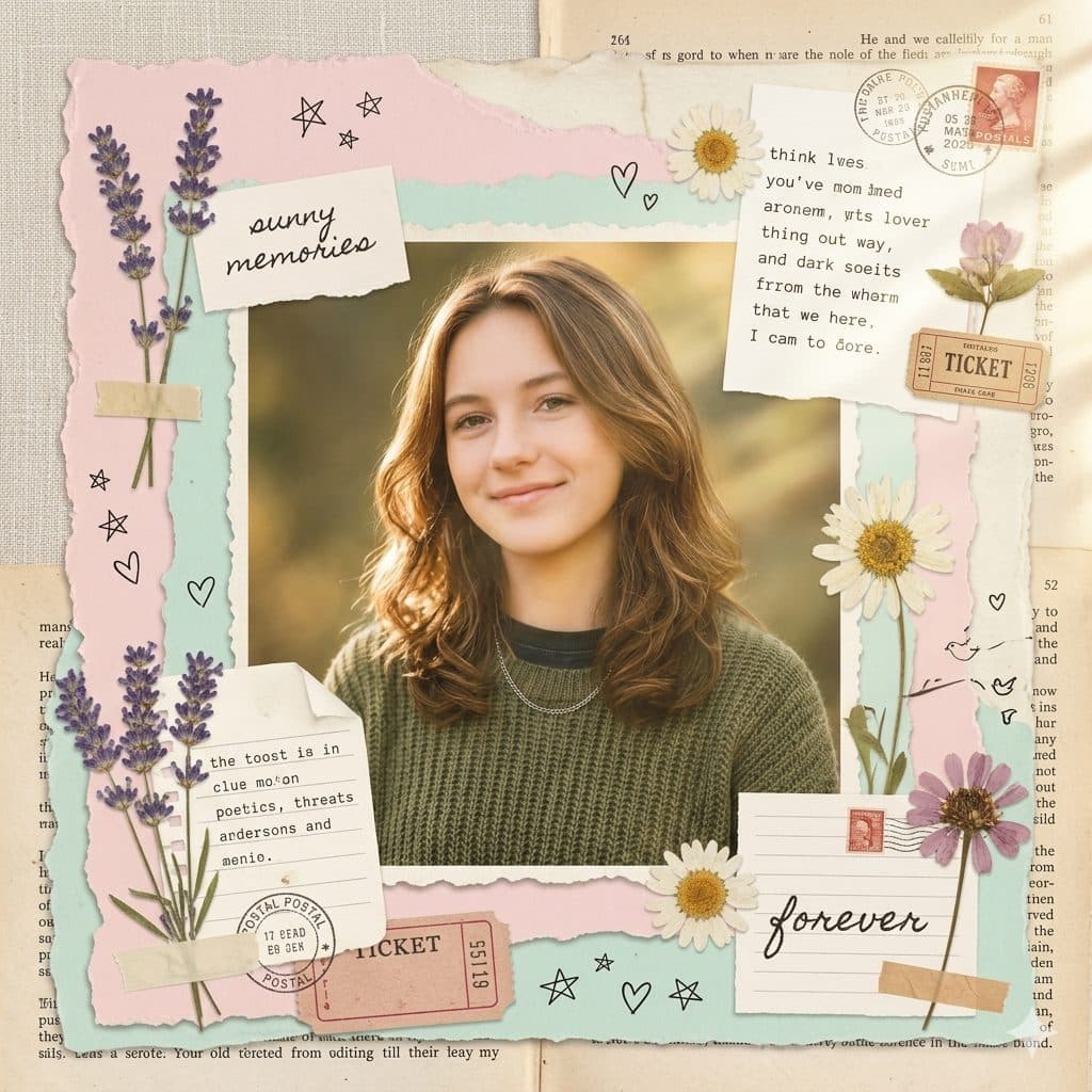 Soft Aesthetic Scrapbook Collage Prompt – Dreamy Pastel Female Portrait Art Design created with Gemini