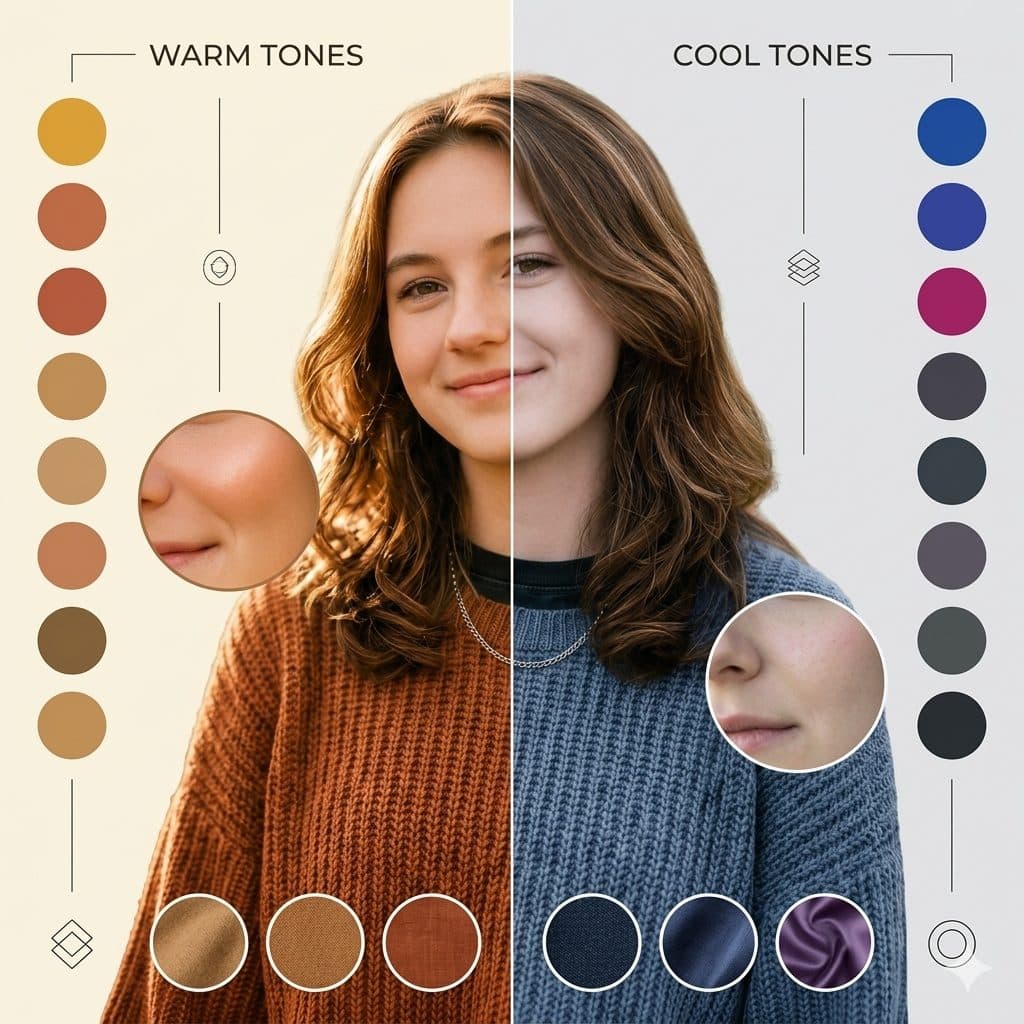 Warm vs Cool Tone Color Analysis Prompt – Portrait Aesthetic Comparison Graphic created with Gemini