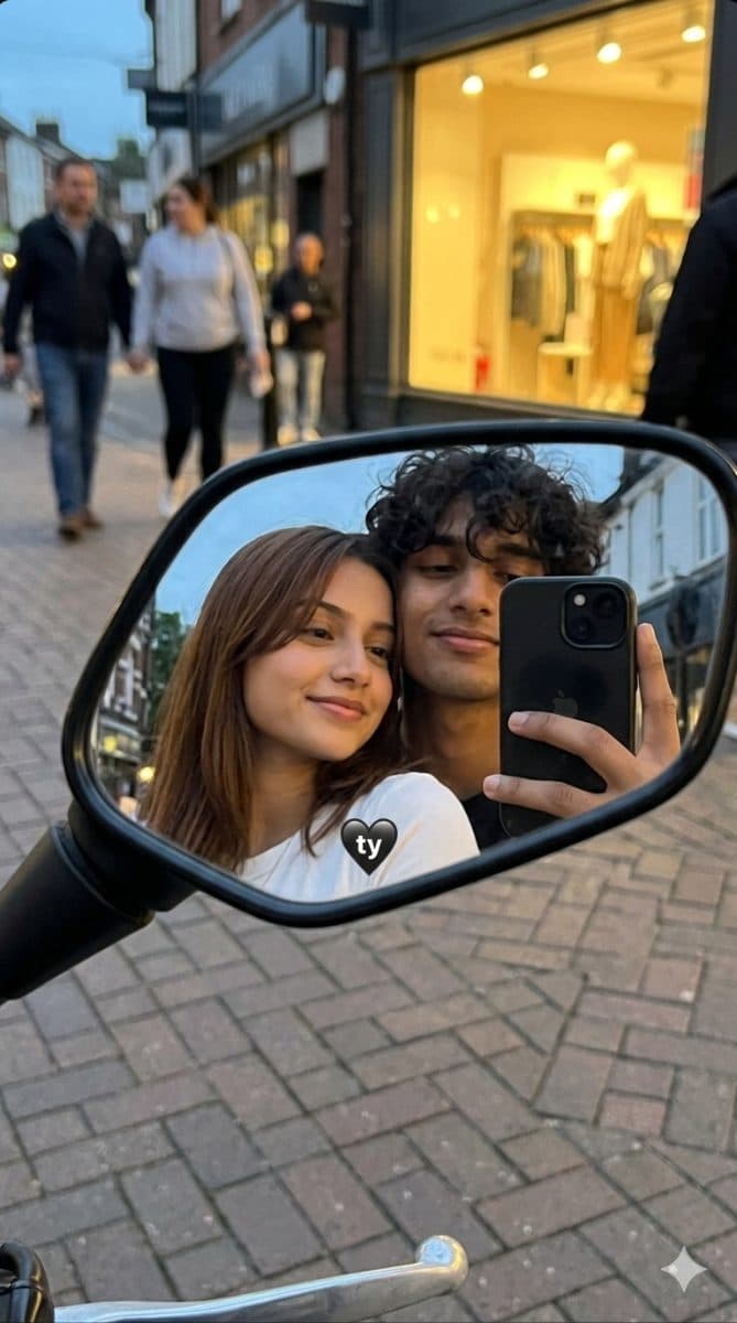 Motorcycle Mirror Couple Selfie Prompt created with Gemini
