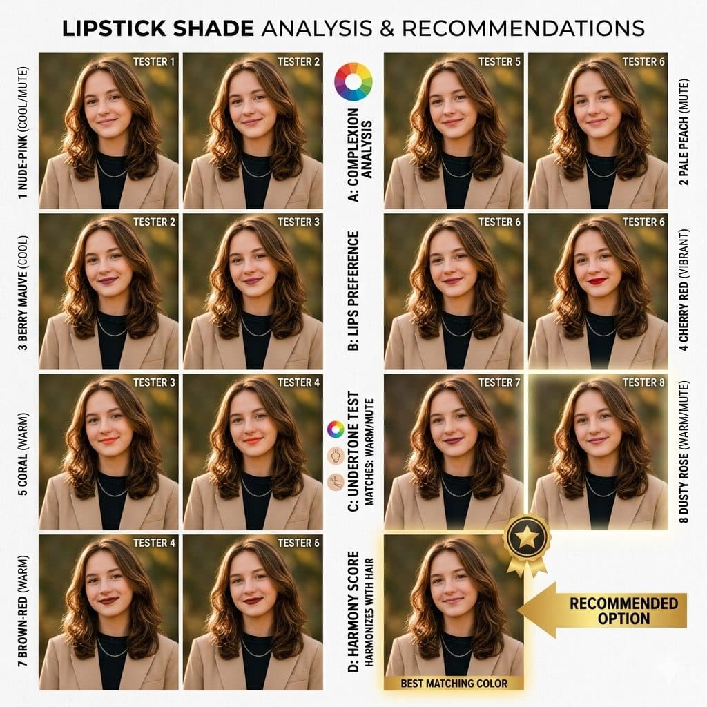 Lipstick Shade Analysis Prompt – Portrait Color Match & Beauty Grid Comparison created with Gemini