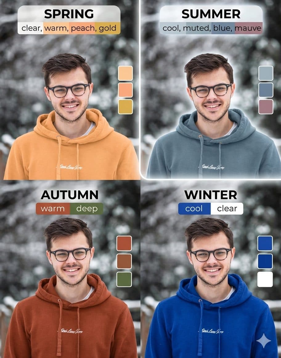 Personal Color Analysis Graphic with 4 Seasonal Palettes | Spring, Summer, Autumn & Winter Color Matching created with Gemini
