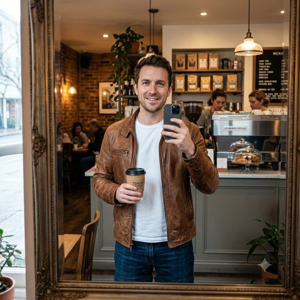Coffee Shop Mirror Selfie Prompt – Casual Leather Jacket Lifestyle Portrait created with Gemini