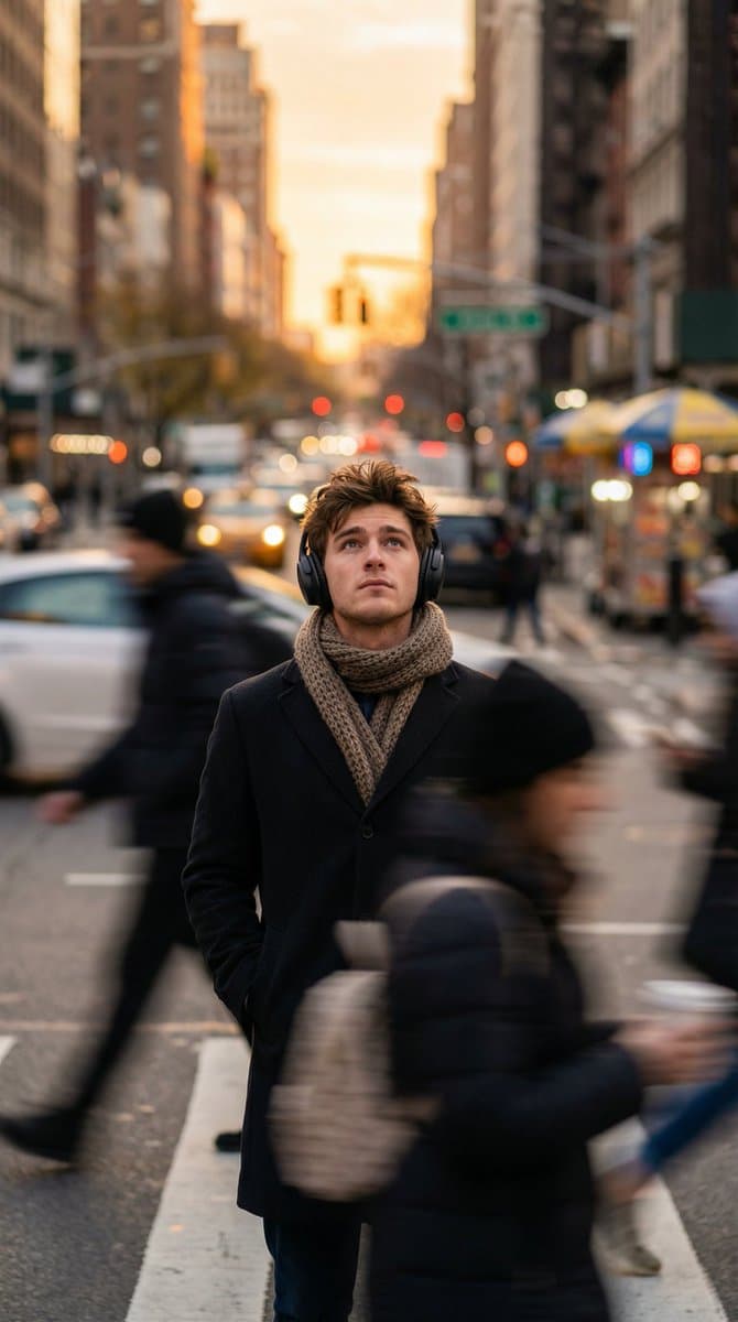  A young man standing still in a busy city crowd created with Gemini