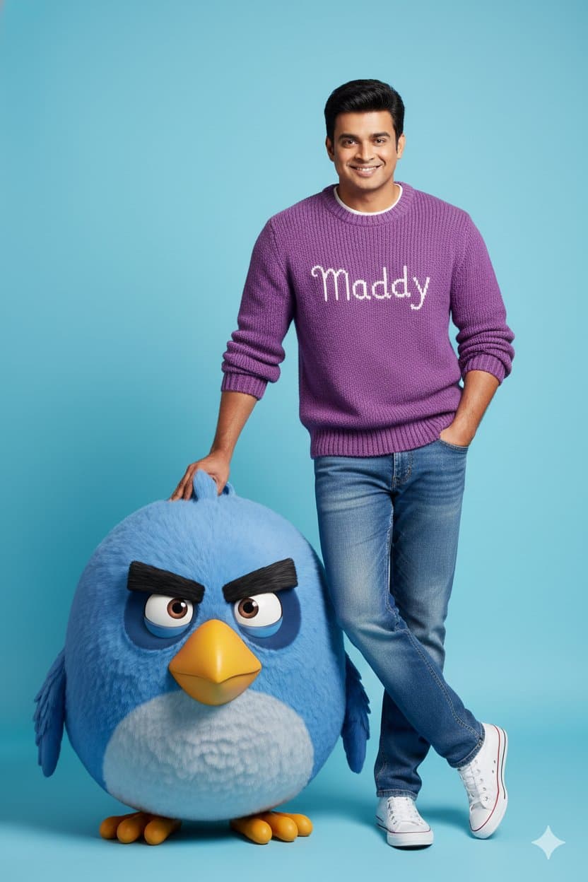 A stylish Man, use the uploaded photo(keep my original face), a Yellow knitted sweater Named"Messi"