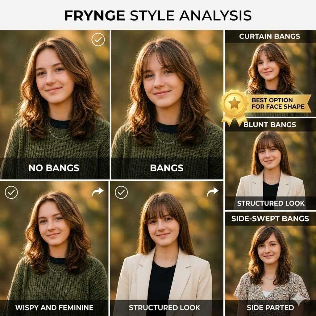 Bangs vs No Bangs Hairstyle Analysis Prompt – Fringe Style Comparison Graphic created with Gemini