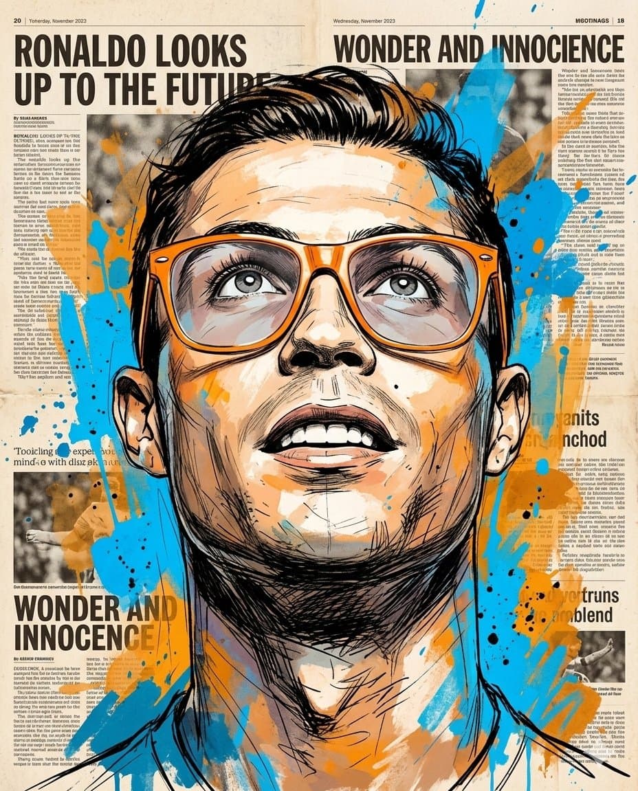 Create An expressive and colorful portrait of a person (the uploaded photo) looking upward with a sense of wonder and curiosity like a child.