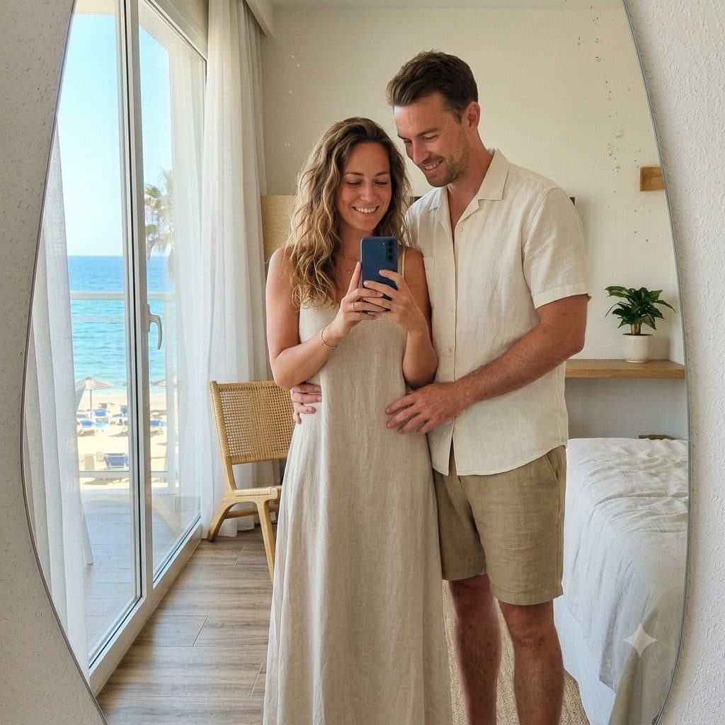 Beach Vacation Couple Mirror Selfie Prompt – Seaside Hotel Romantic Portrait created with Gemini