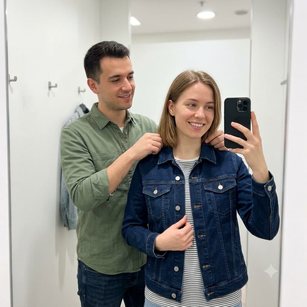 Couple Fitting Room Mirror Selfie Prompt – Photorealistic Fashion Portrait created with Gemini