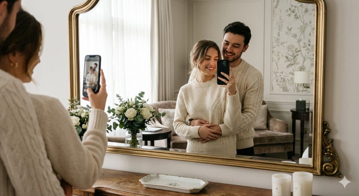 Couple Hotel Mirror Selfie Prompt – Elegant Romantic Suite Portrait created with Gemini