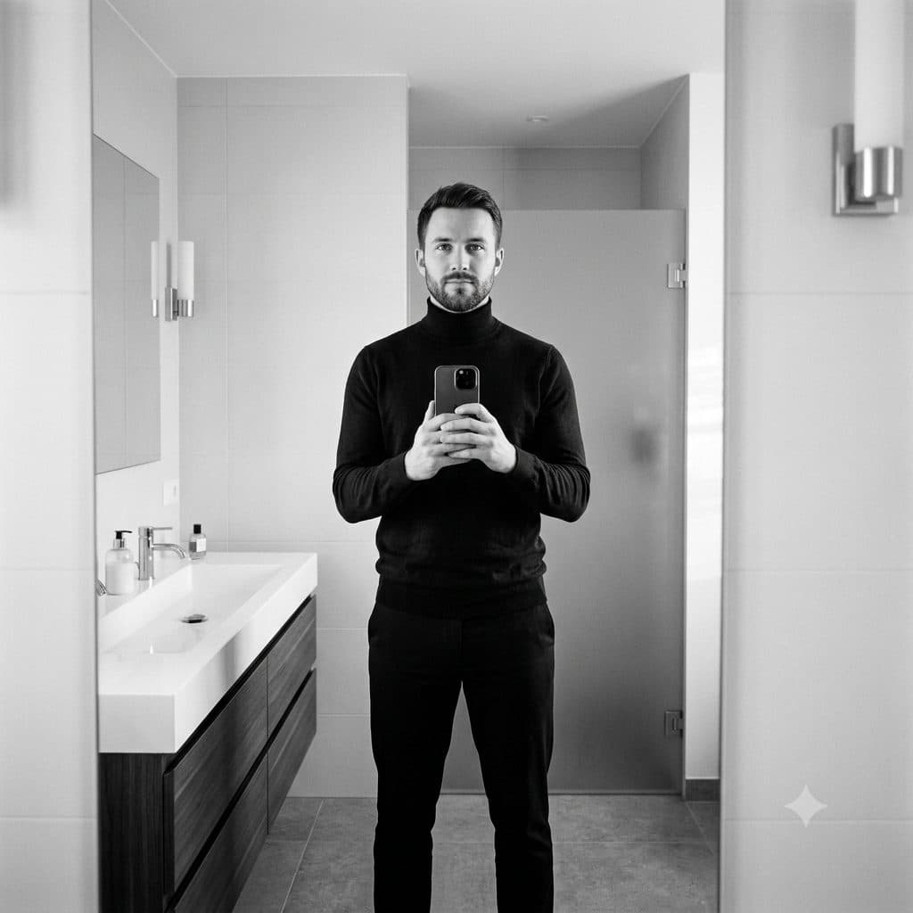 Black and White Mirror Selfie Prompt – Minimalist Elegant Male Portrait created with Gemini