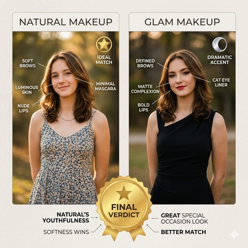 Makeup Analysis Graphic Prompt – Natural vs Glam Beauty Comparison Portrait created with Gemini