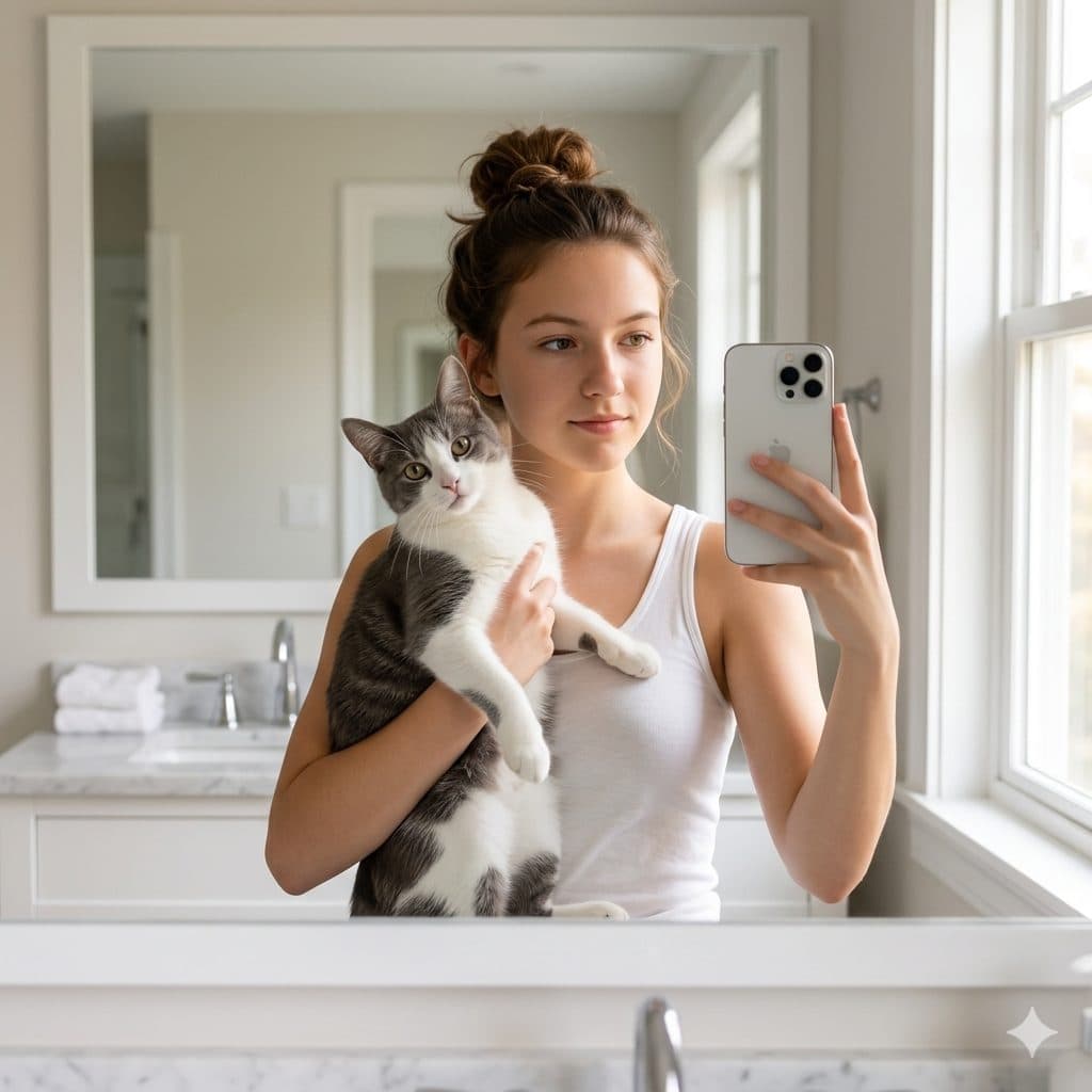 Morning Bathroom Mirror Selfie Prompt – Cat Portrait with Soft Natural Light created with Gemini
