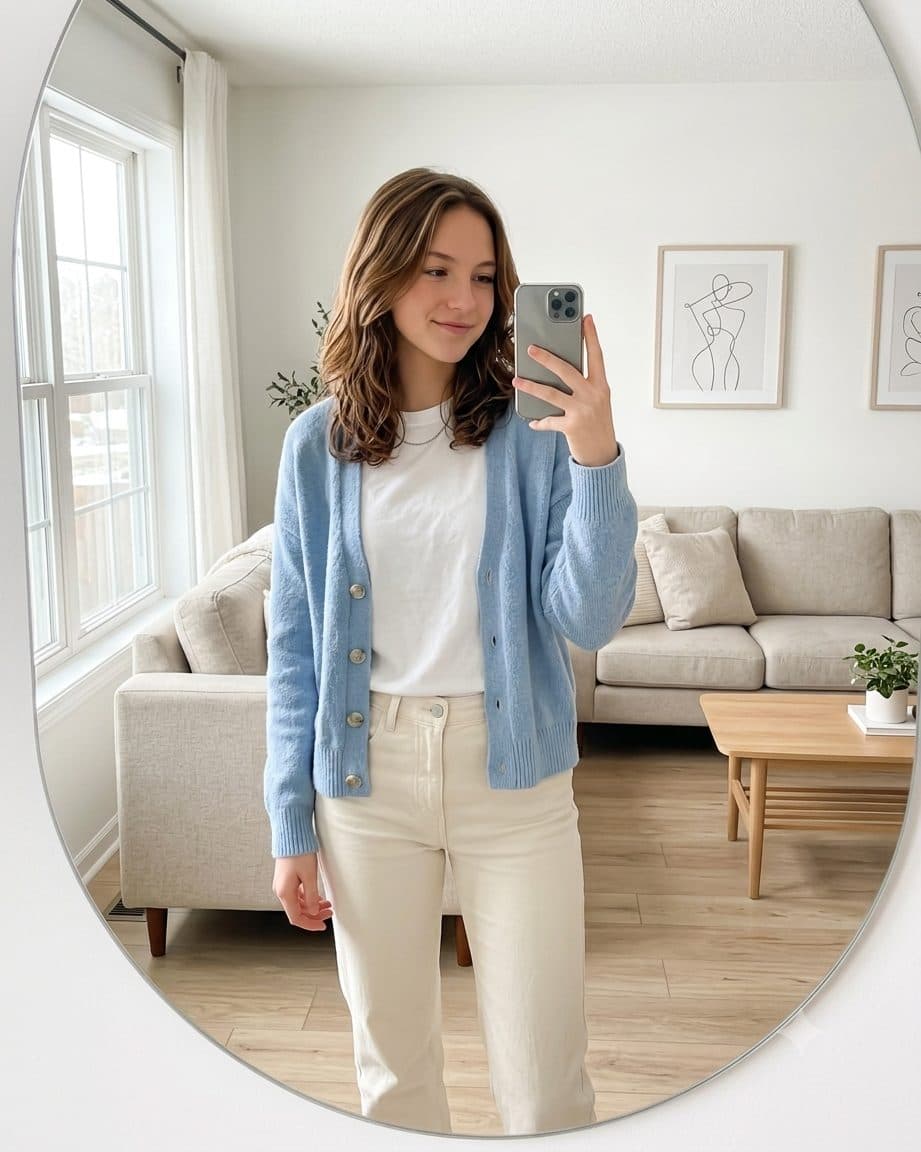 Natural Living Room Mirror Selfie Prompt – Soft Minimal Aesthetic Portrait created with Gemini