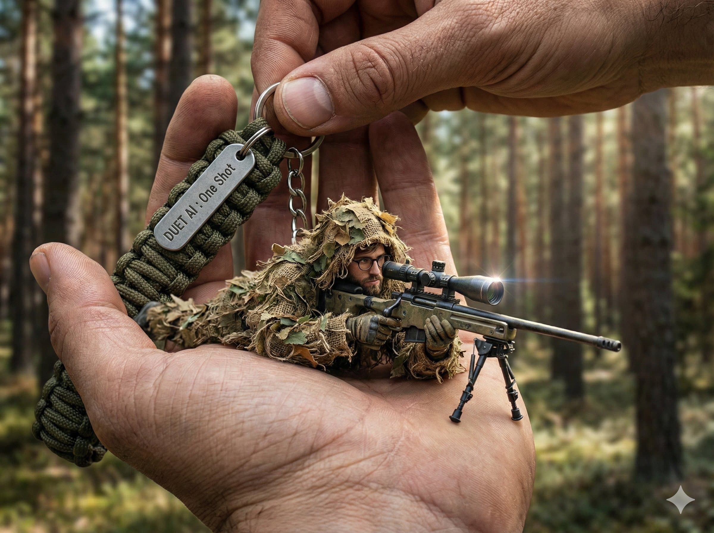  A hyper-realistic, 8k, high-fidelity close-up shot captured with a macro lens, showcasing a giant human hand holding a keyring against an extremely blurred background of a rugged outdoor forest range.