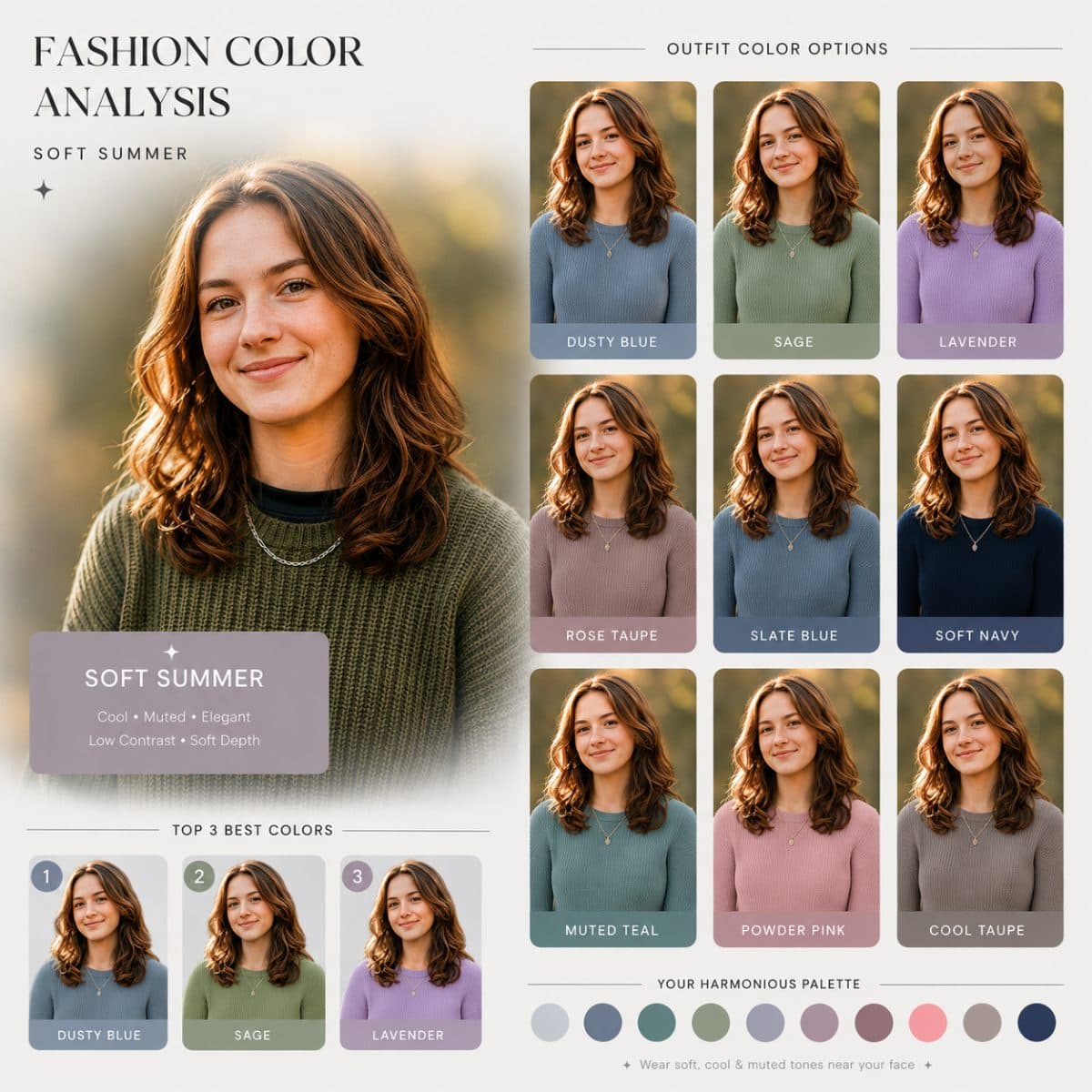 Fashion Color Analysis Prompt – Outfit Palette Grid Portrait & Best Colors Highlight created with Gemini