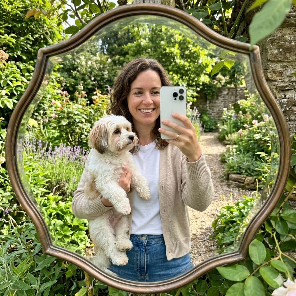 Garden Mirror Selfie Prompt – Woman with Dog & Outdoor Floral Reflectionc Copy Paste Ai Prompt created with Gemini