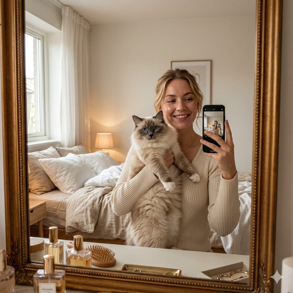 Vanity Mirror Selfie Prompt – Cozy Bedroom Portrait with Cat & Soft Lighting created with Gemini