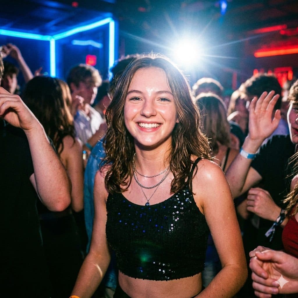 Nightclub Flash Portrait Prompt – Chaotic Candid Party & Colorful Lighting Scene created with Gemini