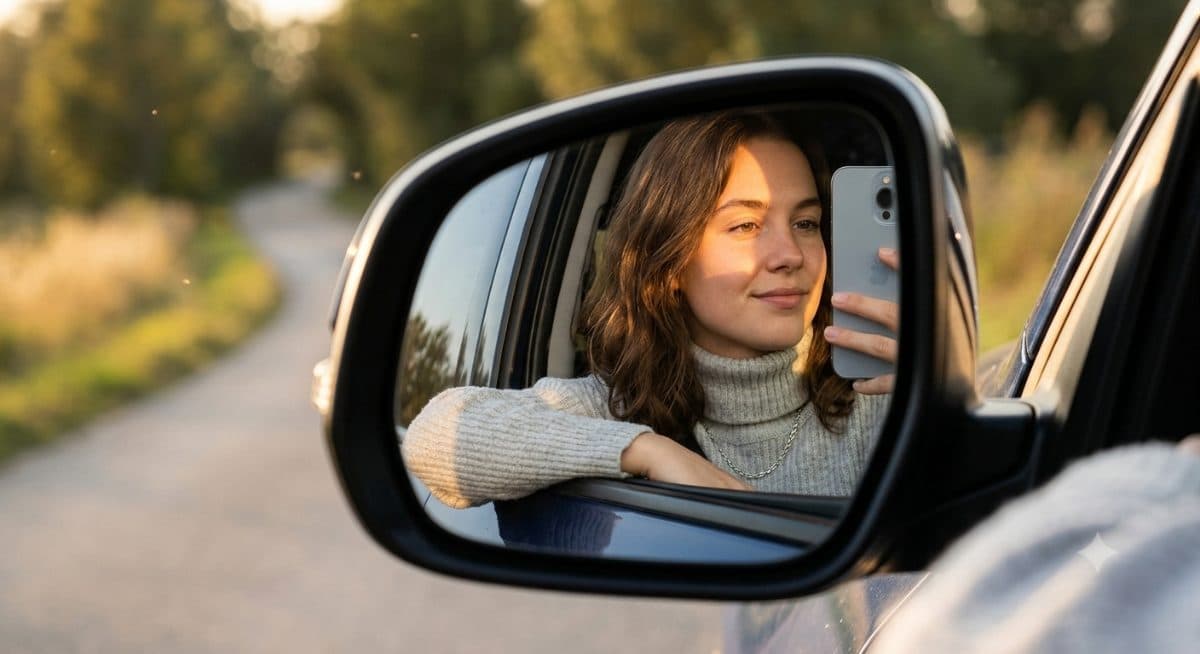 Golden Hour Car Mirror Selfie Prompt – Cinematic Roadside Portrait Photography created with Gemini