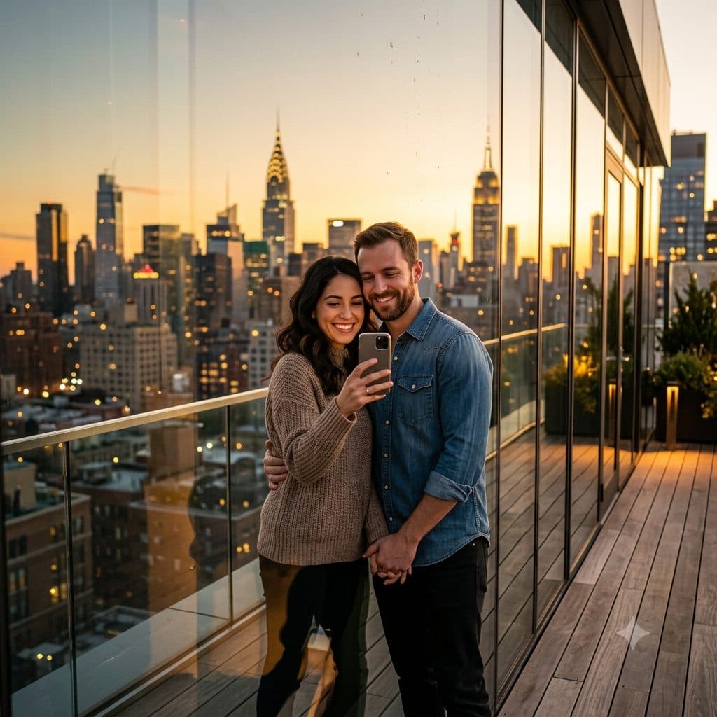 Rooftop Glass Reflection Couple Selfie Prompt – Sunset City Skyline Portrait created with Gemini
