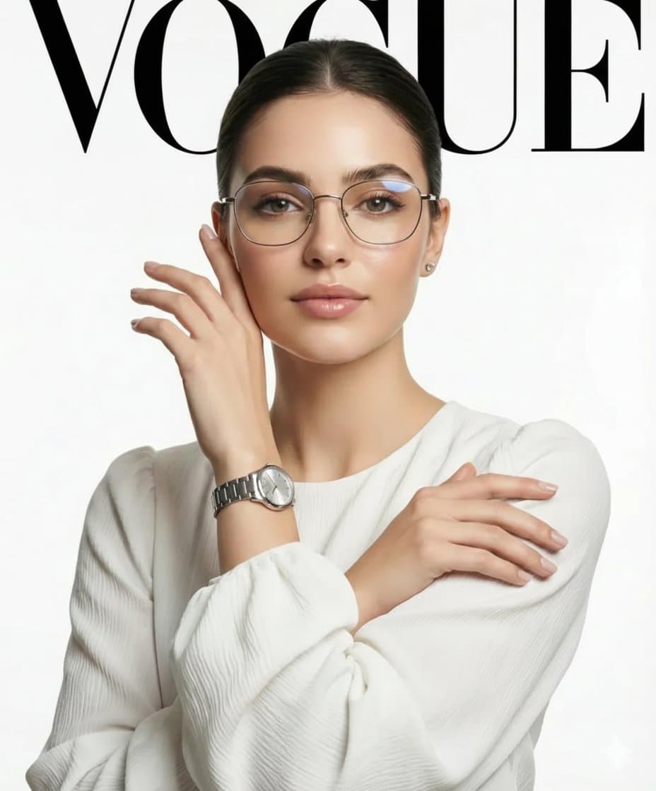 A high-definition, professional fashion editorial photograph of a sophisticated woman with a sleek, center-parted bun. 
