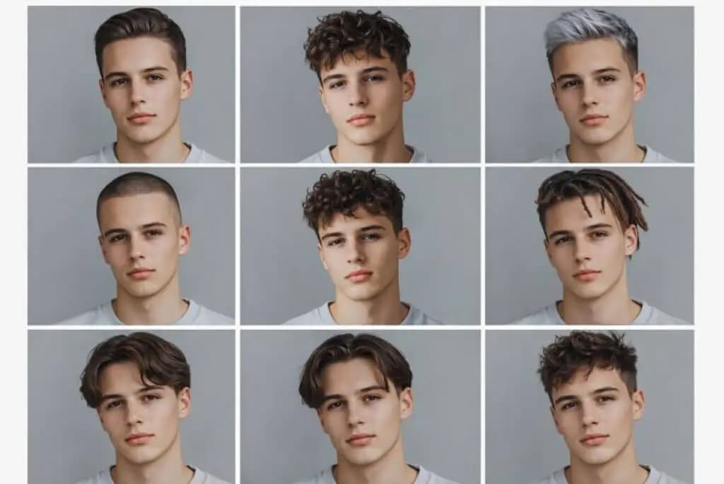 AI Hairstyle Transformation 9-Grid: Old Money, TikTok Fringe, Silver Undercut & Curly Top — Same Face, 9 Styles