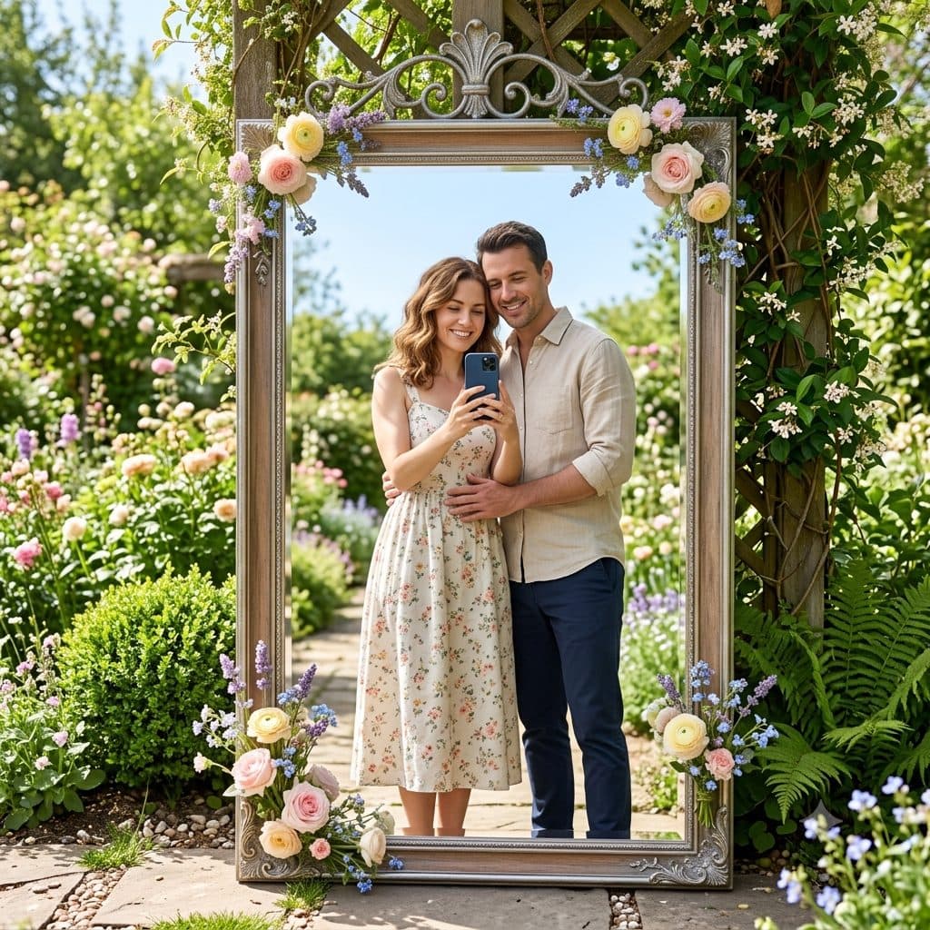 Garden Mirror Selfie Couple Prompt – Floral Spring Outdoor Portrait created with Gemini