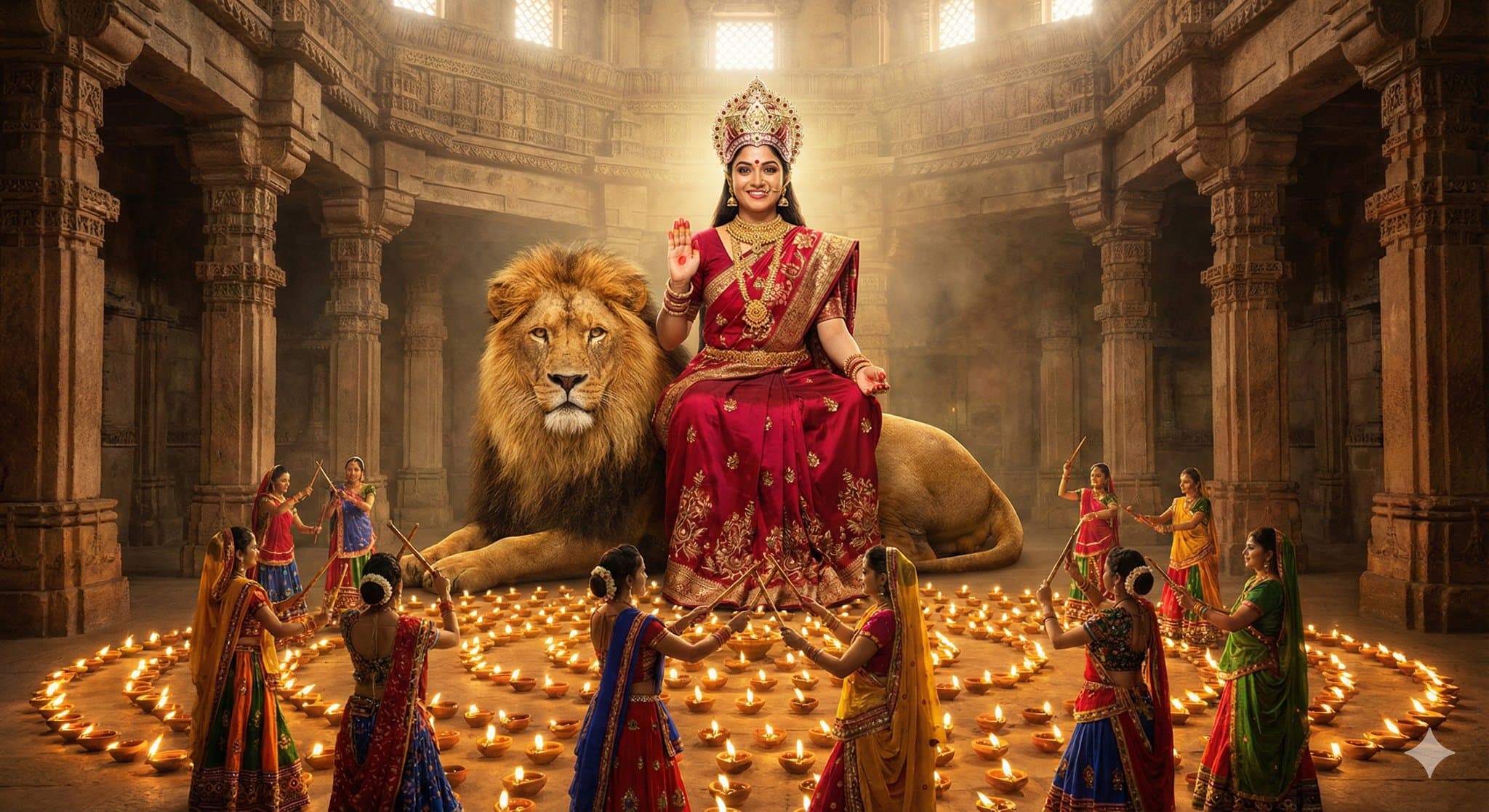 Generate fantasy image of a smiling goddess Amba mata, wearing red saree, golden ornaments and crown gives blessings