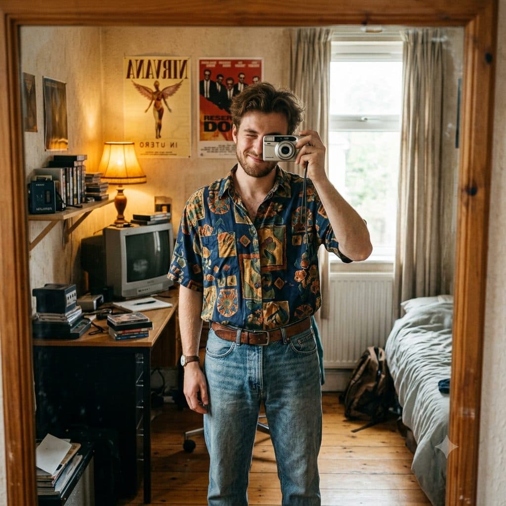 Retro Mirror Selfie Prompt – 90s Analog Film Aesthetic Portrait created with Gemini