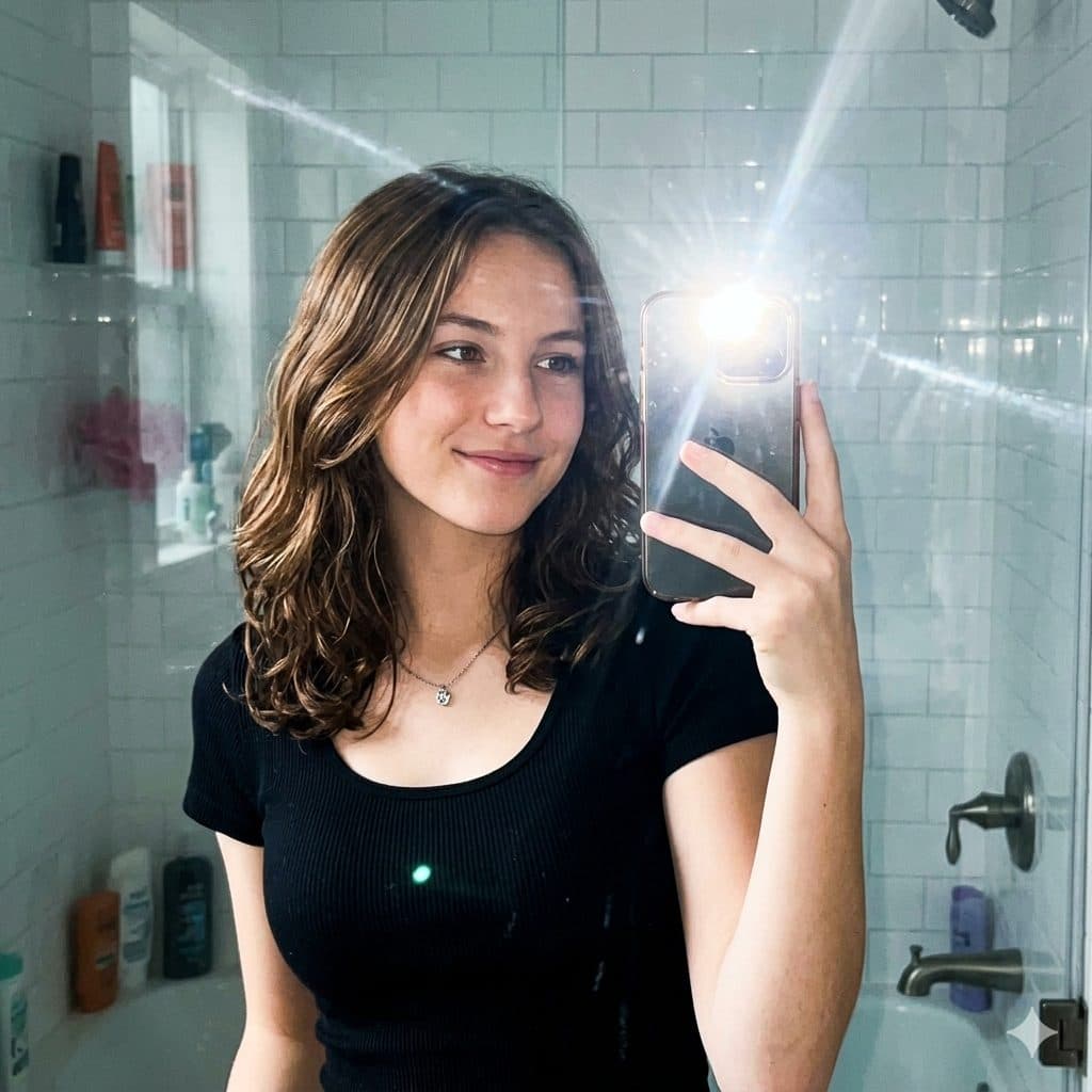 Mirror Selfie Flash Prompt – Instagram Influencer Bathroom Aesthetic Portrait created with Gemini