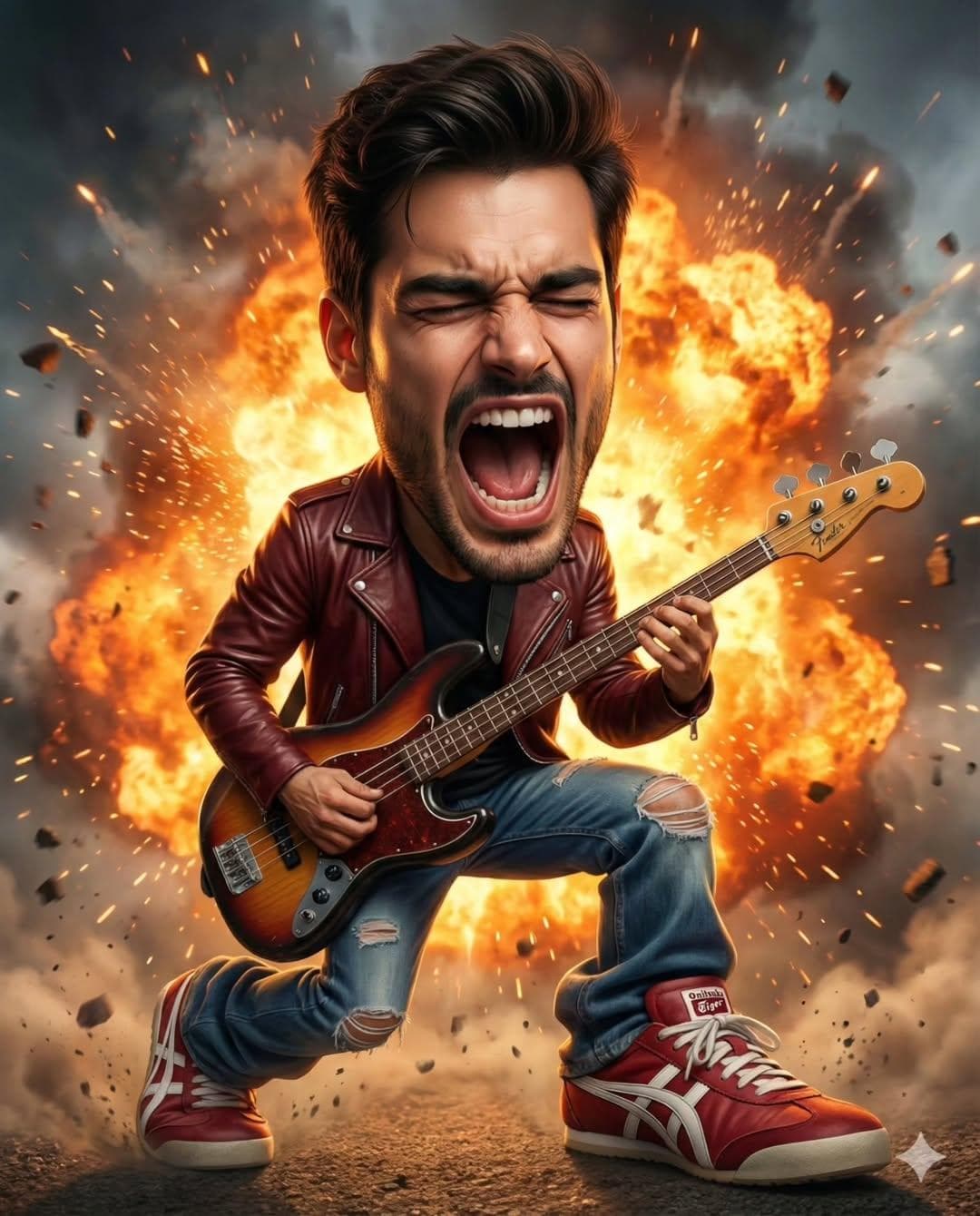 A hyper-realistic, cinematic rock musician with an oversized caricature head, screaming passionately while playing an electric bass guitar. 