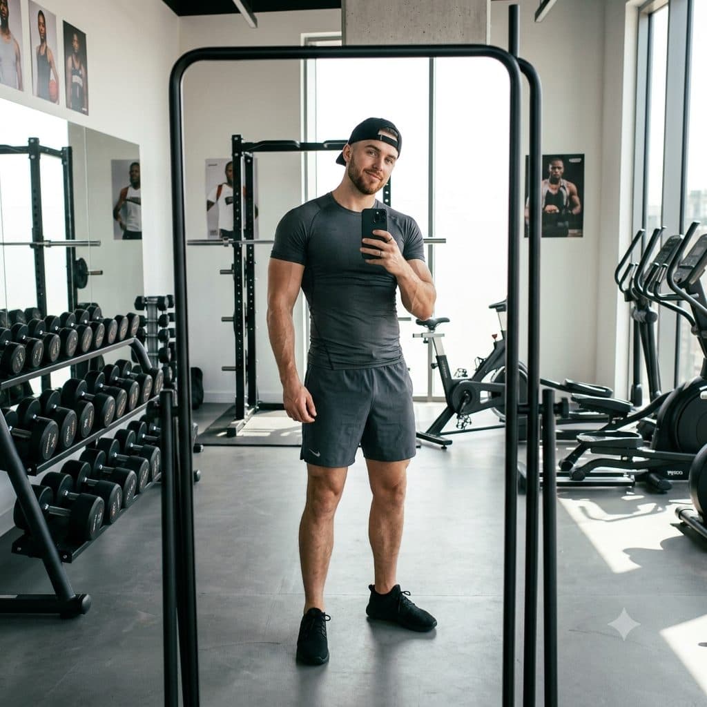 Gym Mirror Selfie Prompt – Athletic Sportswear Fitness Portrait Photography created with Gemini