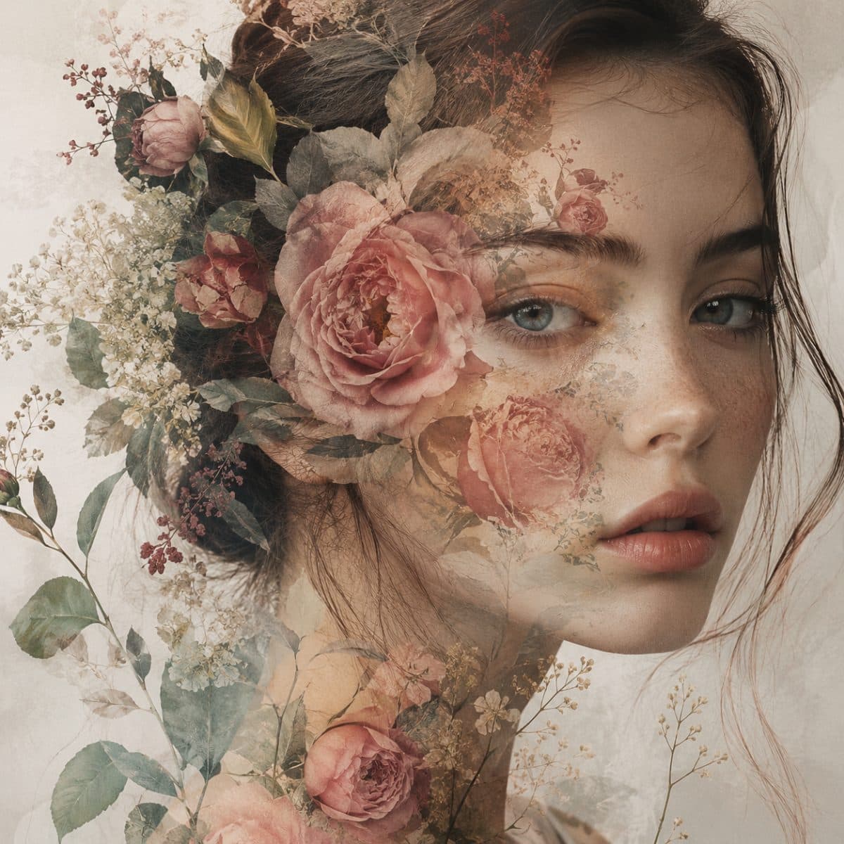 Floral Overlay Female Portrait Prompt – Romantic Double Exposure Collage Art Design created with OpenAI – Sora