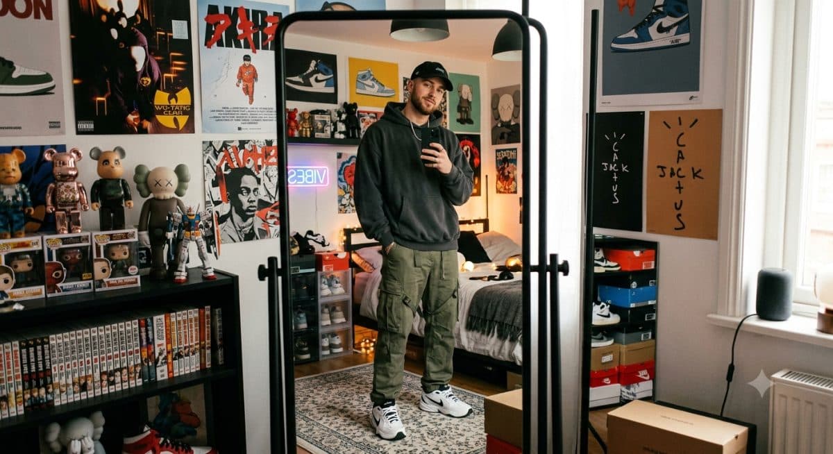 Street Fashion Bedroom Mirror Selfie Prompt – Modern Urban Male Portrait created with Gemini