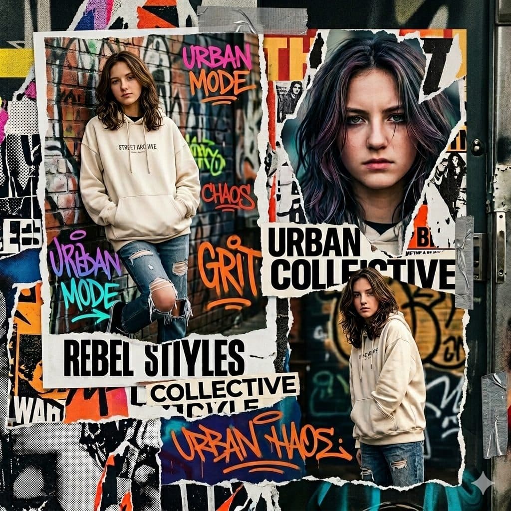 Urban Street Fashion Collage Prompt – Gritty Graffiti Editorial Magazine Style created with Gemini