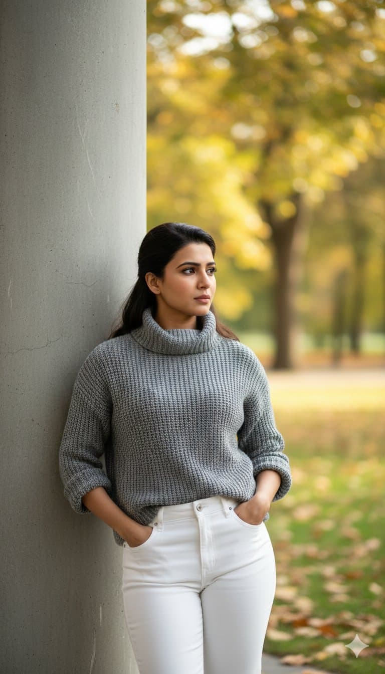 Edit the uploaded image to portray the same person as a young adult standing outdoors, leaning against a gray vertical surface such as a wall or pillar