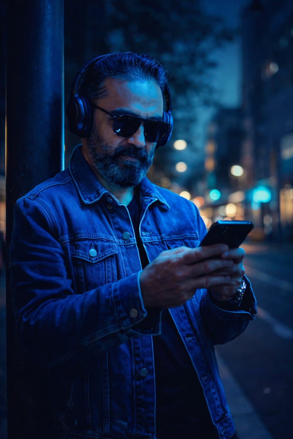 CA medium low-angle shot of a person wearing a denim jacket, dark sunglasses, and over-ear headphones, with a serious, serene