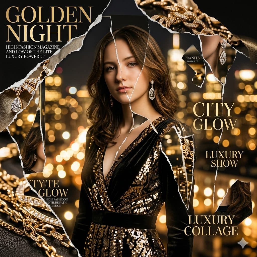 Golden Night Fashion Portrait Collage Prompt – Luxury Editorial & Cinematic Style created with Gemini