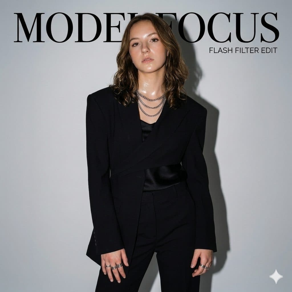 Studio Flash Fashion Portrait Prompt – Magazine Style Model Photography created with Gemini