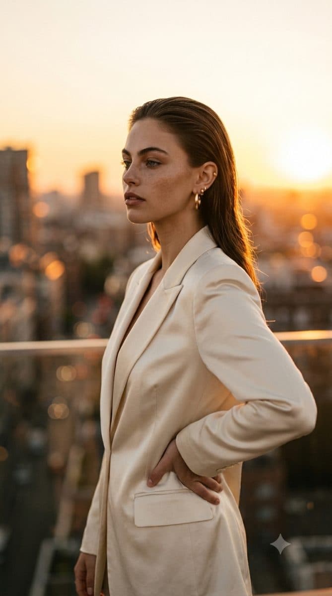 Golden Hour Rooftop Fashion Portrait Chat GPT Prompt Free created with Gemini