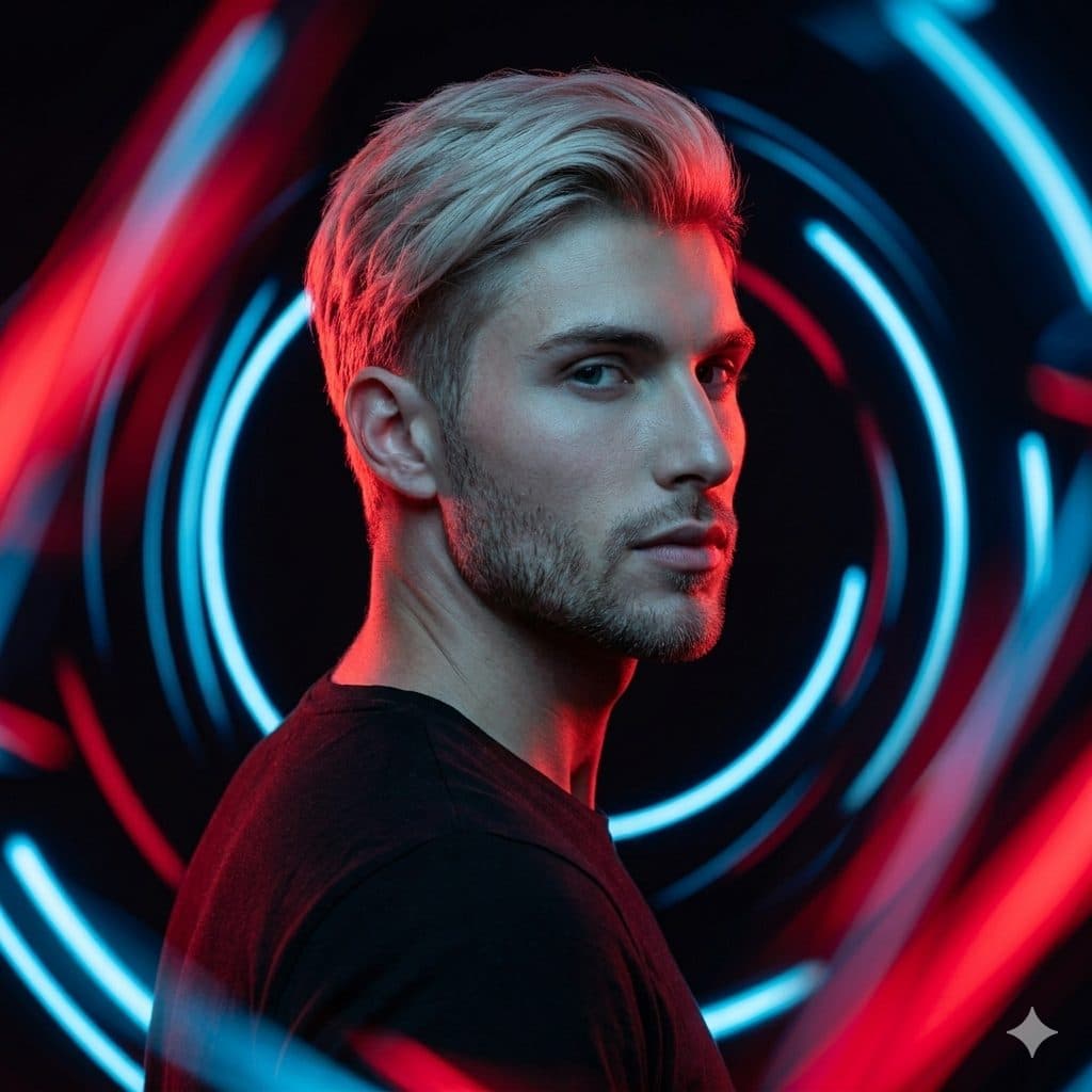 Ultra Realistic Cinematic Neon Cyberpunk Side Profile Portrait | Red Blue Neon Lighting Black T-Shirt | 8K Editorial created with Gemini