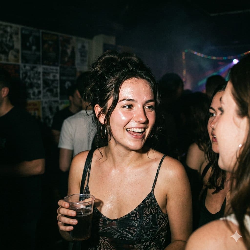Night Party Flash Portrait Prompt – Y2K Overexposed Candid Woman Photography created with Gemini