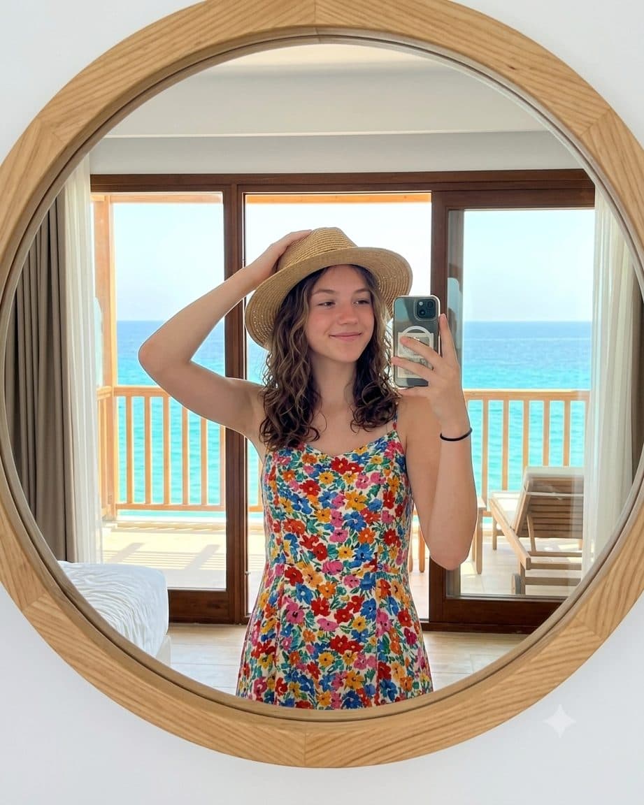 Vacation Mirror Selfie Prompt – Rustic Hotel Room Beach View Portrait created with Gemini