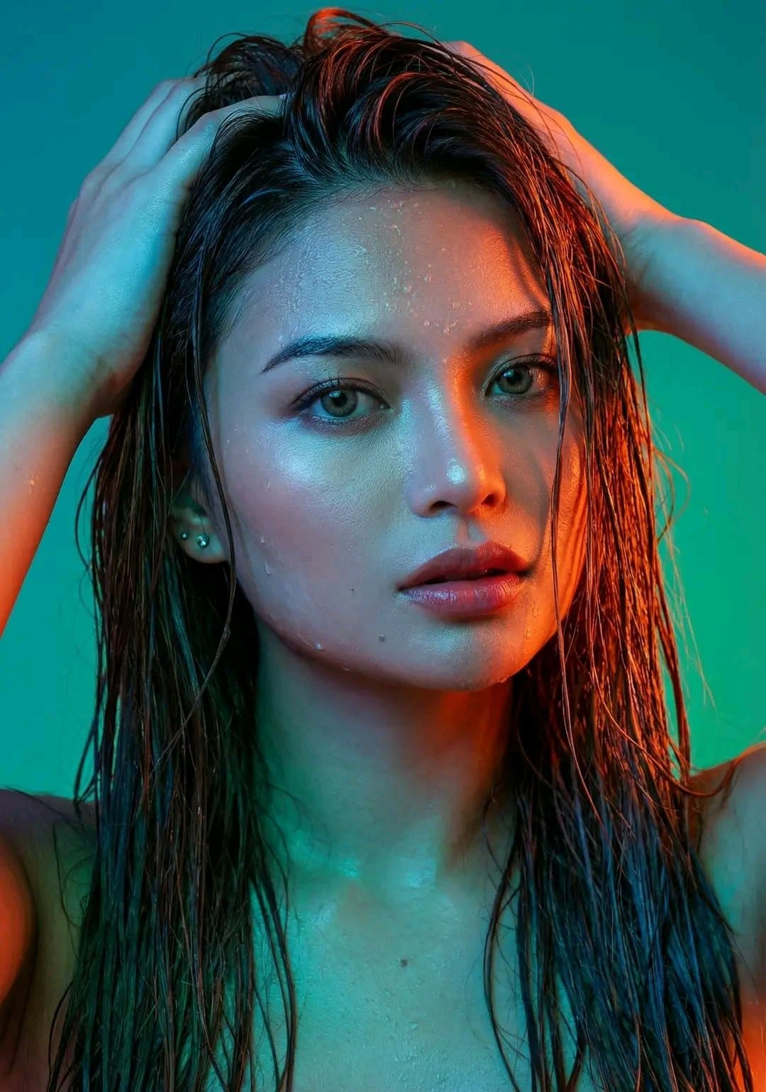 A mesmerizing, high-resolution studio portrait of a woman [image uploaded, no face alterations] with an ethereal and slightly enigmatic expression