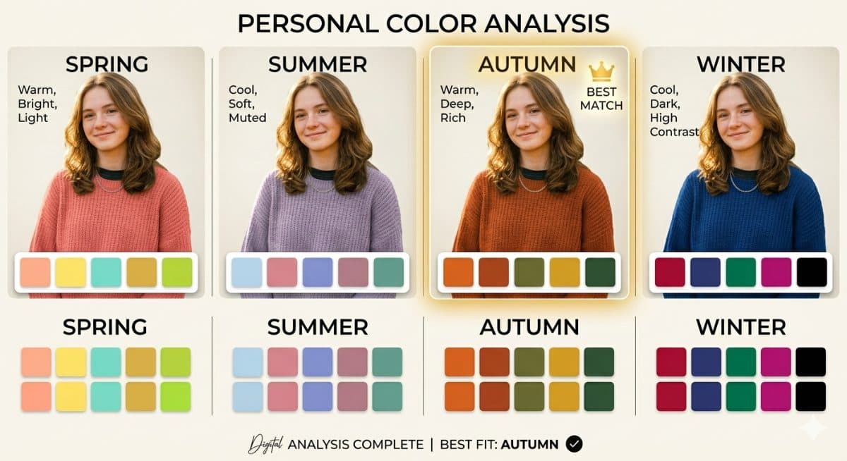Personal Color Analysis Graphic Prompt – Seasonal Palette Portrait Comparison created with Gemini