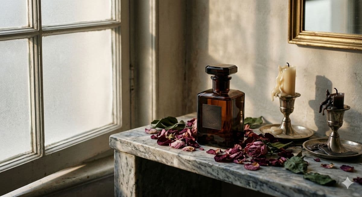 Free AI Prompt for Luxury Perfume Bottle – Vogue Style Product Photo created with Gemini