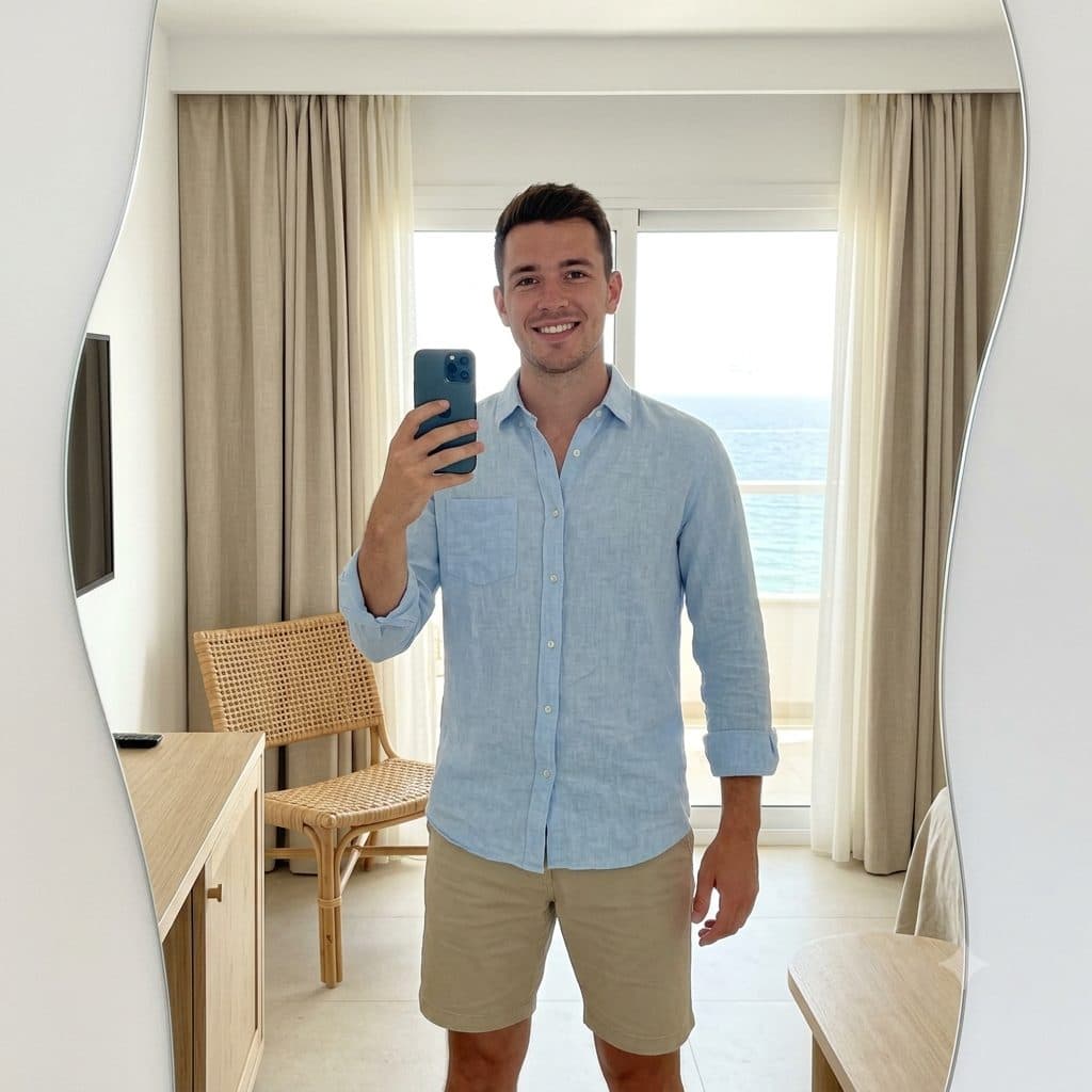 Seaside Hotel Mirror Selfie Prompt – Relaxed Vacation Lifestyle Portrait created with Gemini